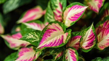 Obraz premium Moses in the cradle plant close-up showcasing vibrant pink and green foliage against a dark background for a striking visual appeal.