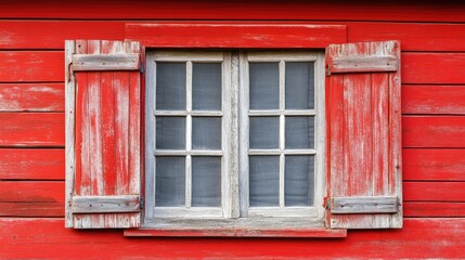 Closeup of an old red wooden window with shutters highlighting weathered textures and rustic charm in a vibrant wooden wall setting