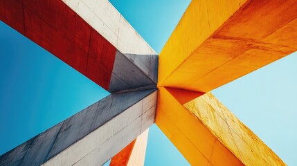 Fototapeta premium Geometric architecture abstraction featuring dark yellow and orange concrete beams intersecting against a clear blue sky for creative backgrounds
