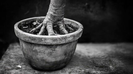 Monochrome close-up of dry tree roots emerging from a weathered plant pot showcasing texture and depth in black and white tones