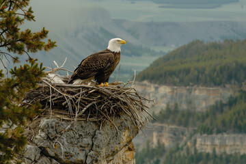 A bald eagle nesting on a cliffside, its powerful frame and massive wings visible as it surveys the expansive landscape stretching out below.