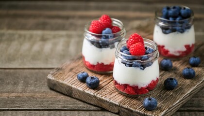 Blueberry and raspberry parfaits in mason jars, still life against a rustic wood background
