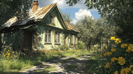 Abandoned summer house in a quaint village surrounded by blooming flowers and lush greenery