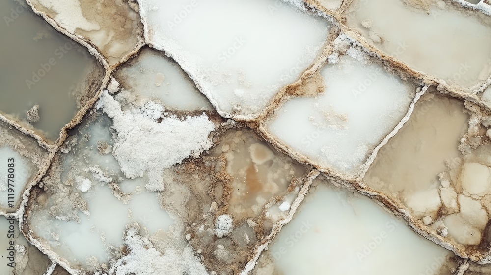 Poster aerial view of unique salt pond patterns showcasing natural colors and textures in a mesmerizing lan