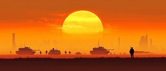 Fototapeta premium Group of soldiers are walking across a desert with a large sun in the background. The sun is setting, creating a warm and peaceful atmosphere