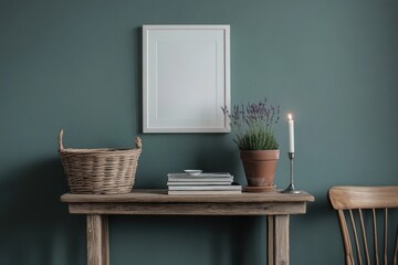 Minimalist interior design teal wall white picture frame