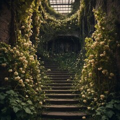 A surreal staircase covered entirely in blooming vines.

