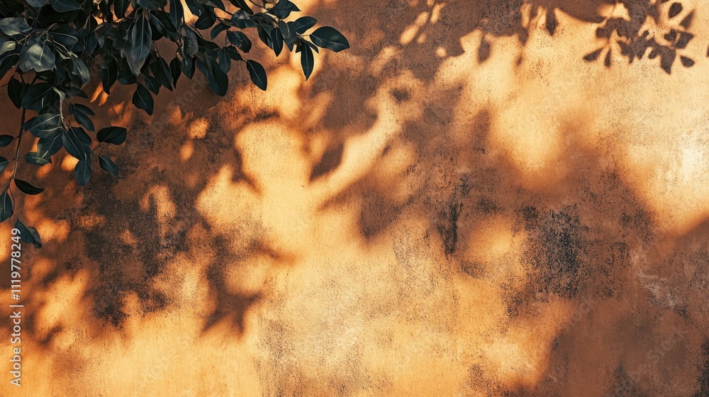 Poster abstract shadows of tree leaves on textured brown concrete wall creating a nature-inspired backgroun