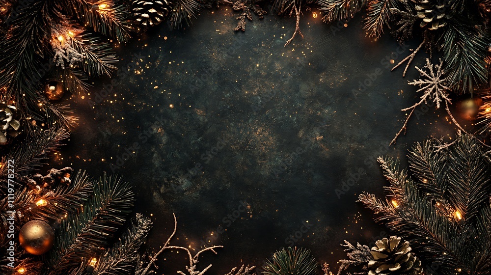 Fototapete christmas and new year background with fir branches, pine cones, snowflakes and lights. top view wit