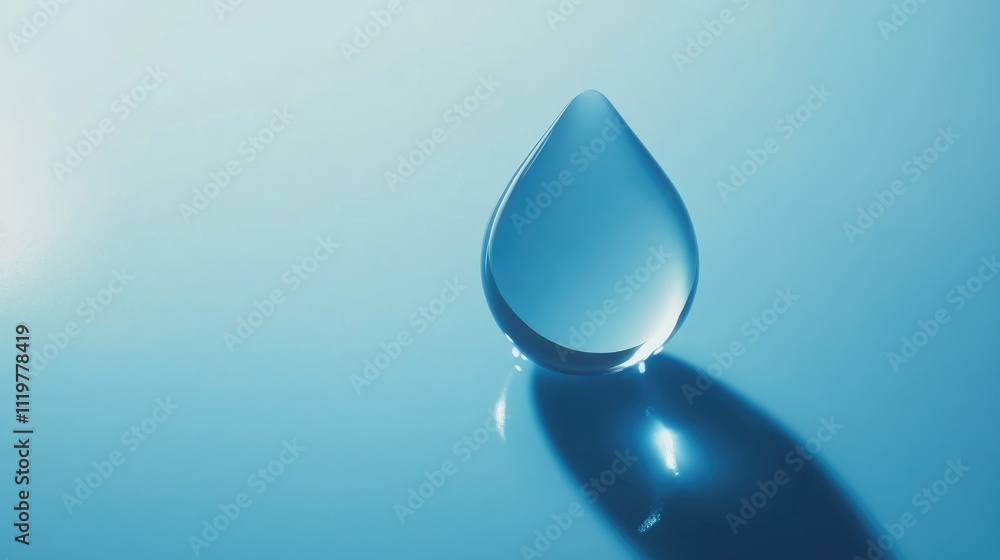 Poster clear water droplet on smooth blue surface with soft lighting creating subtle reflections and shadow