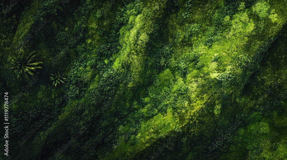 Poster lush green forest canopy from an aerial view showcasing diverse textures and patterns in a mountaino
