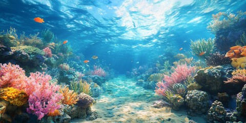 Naklejka premium Vibrant Coral Reef Panorama Underwater Ocean Scene Tropical Fish Marine Life