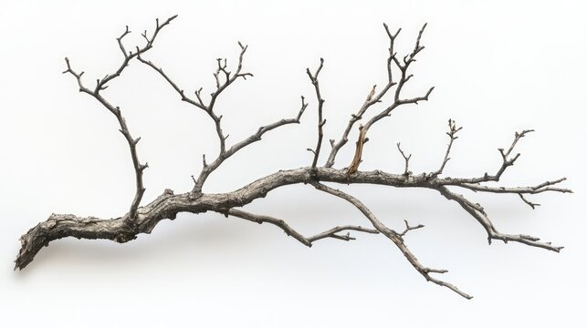 Aging dry twigs displayed against a white background showcasing intricate branching textures and summer season characteristics