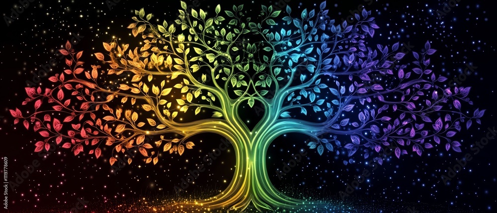 Poster tree with rainbow leaves and a heart in the middle. the tree is surrounded by a lot of snow