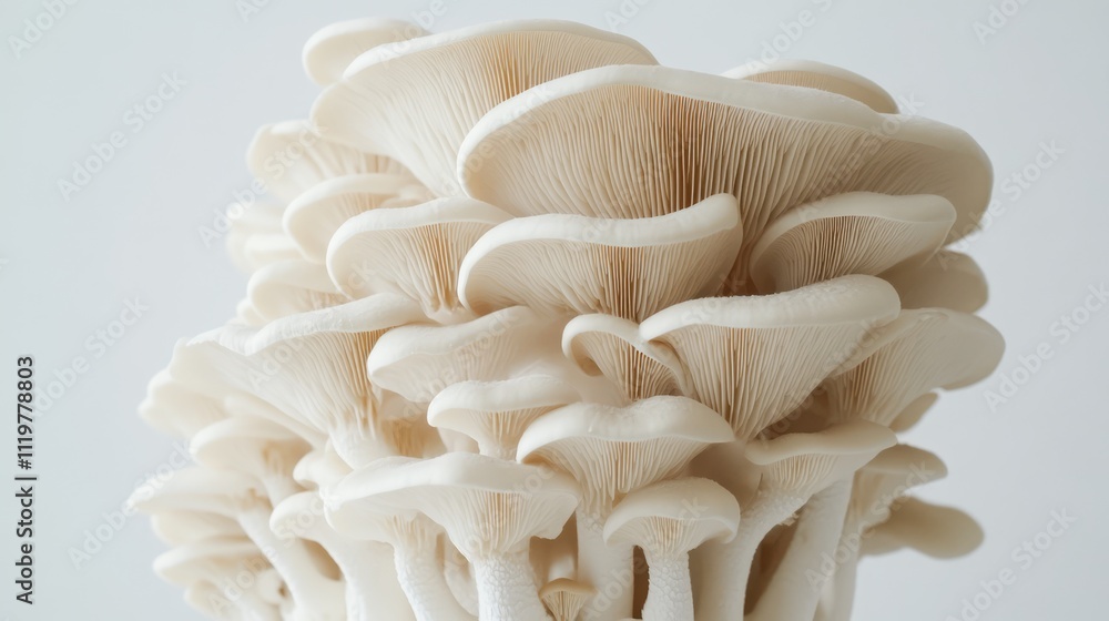 Poster elingi mushroom cluster showcasing delicate white gills and unique textures set against a clean whit