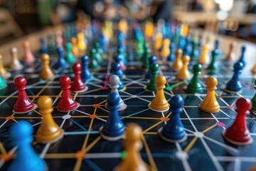 Close-up view of various board game pieces on a table