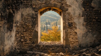 Window view from Bontida Banffy Castle ruins showcasing restoration efforts and surrounding natural beauty near the Electric Castle festival venue
