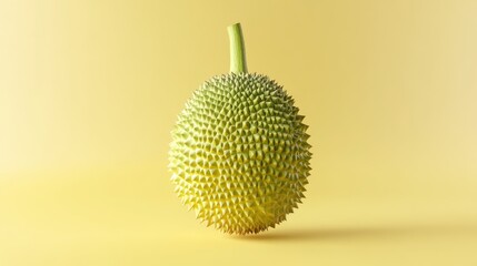 Durian fruit with spiky shell on yellow background symbolizing its title as the king of fruits in tropical cuisine and culture