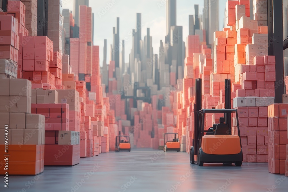 Poster a computer-generated image of a modern warehouse filled with stacked boxes and forklifts navigating 