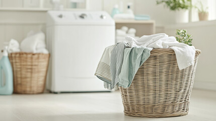 Freshly laundered clothes in wicker basket create cozy atmosphere in bright laundry room. clean, organized space invites relaxation and sense of accomplishment