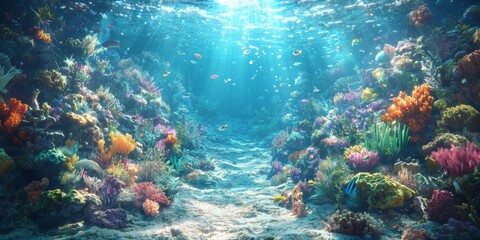 Obraz premium Vibrant Coral Reef Panorama Underwater Ocean Scene Fish Sunlight