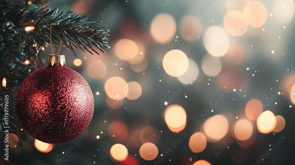 Poster festive christmas background with sparkling bokeh and ornament on a tree creating a warm holiday atm
