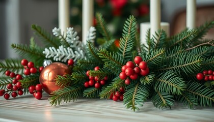 Fototapeta premium A beautiful Christmas centerpiece with lush greenery, red berries, and elegant ornaments. Perfect for holiday table decor and design inspiration.