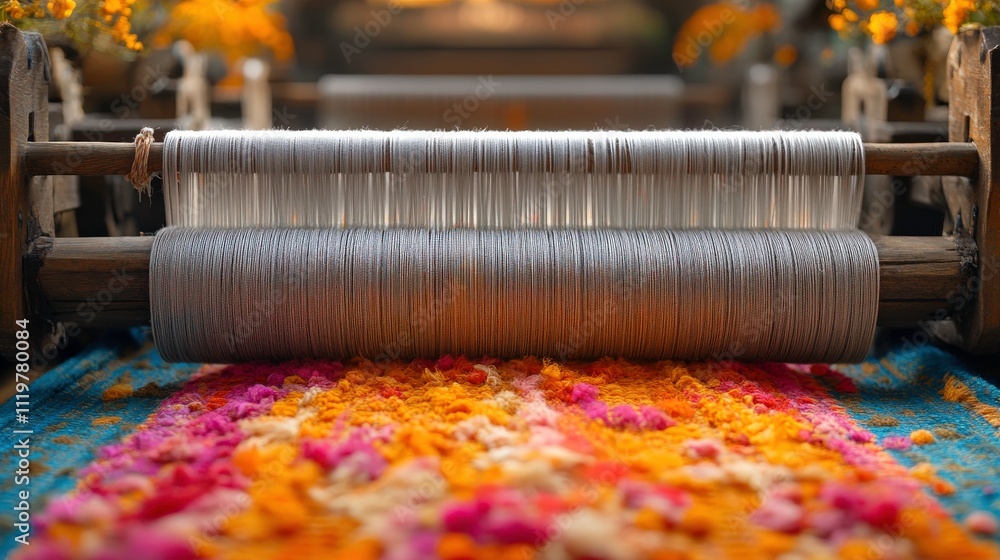 Aufkleber colorful threads and textiles in traditional weaving process with vibrant background of flowers and 