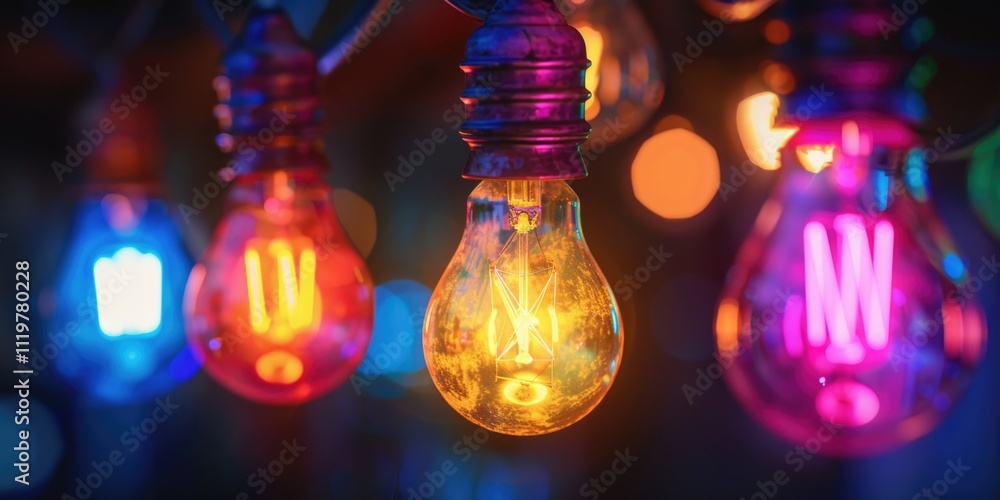 Poster a string with multiple light bulbs hanging from it, suitable for decorative purposes or as a prop in