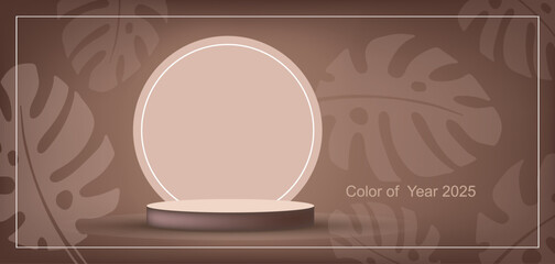Moch color background with Cylinder podium for object. Abstract scene with tropical leaves in Color of Year 2025. Gradient blurred background with copy space. Product presentation podium or platform