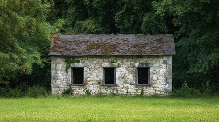 Obraz premium Neglected stone building with small windows set in a grassy meadow surrounded by lush green forest foliage.