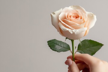 Fototapeta premium Beautiful peach rose held delicately against a light background in a soft and elegant manner