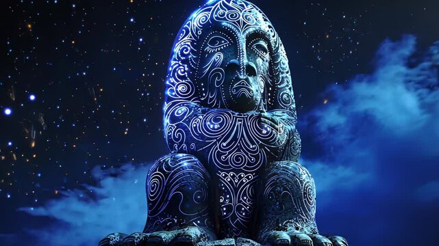 A captivating totem statue glows with intricate designs, surrounded by a starry night sky and soft clouds