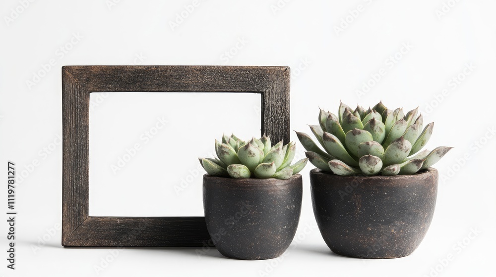 Poster scandinavian style mockup featuring an empty dark photo frame and two succulents in minimalist pots 