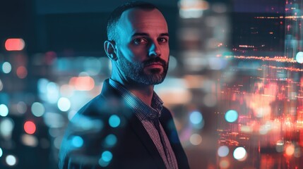 Double exposure of businessman with digital technology overlay city lights representing connectivity and innovation in business and technology concepts