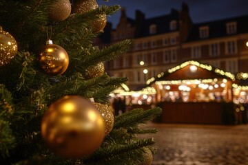 A beautiful Christmas tree with golden ornaments stands in front of a building, perfect for decorating the holiday season