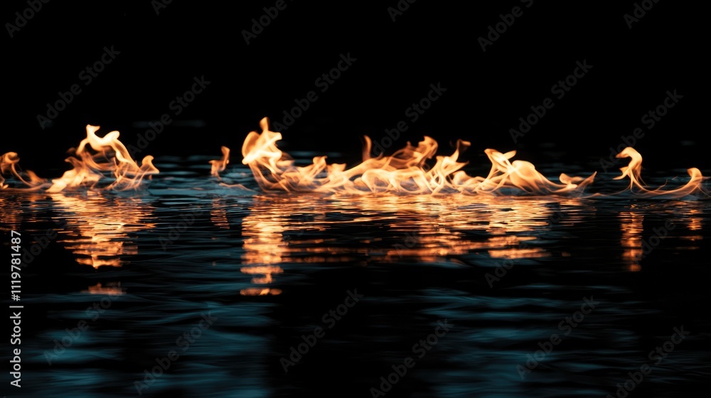 Aufkleber dancing flames reflected on water surface in a dark environment creating a mesmerizing visual contra