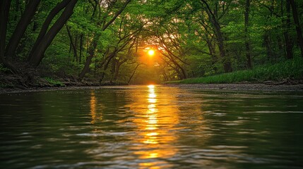 Obraz premium Sunset illuminating a tranquil river flowing through a lush green forest.