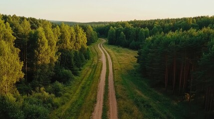 Obraz premium Aerial view of a dirt road winding through lush green forest on a clear summer day offering natural scenery for outdoor and travel concepts
