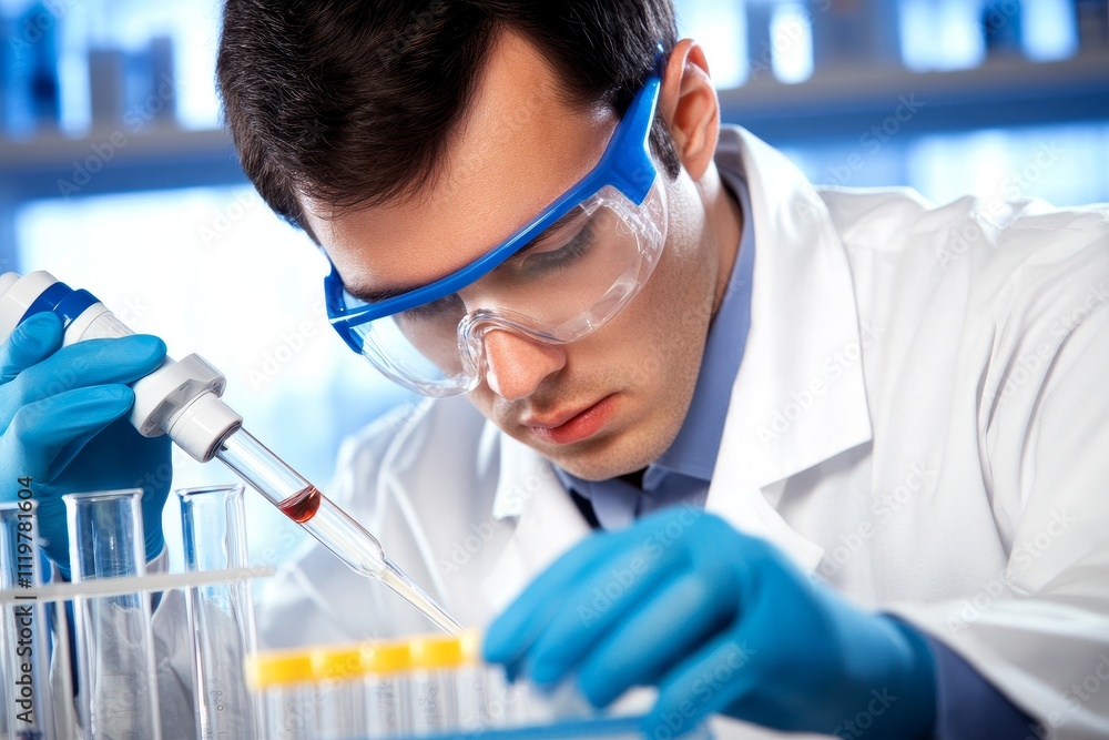 Poster focused scientist in laboratory conducting experiment with pipette and test tubes while wearing prot
