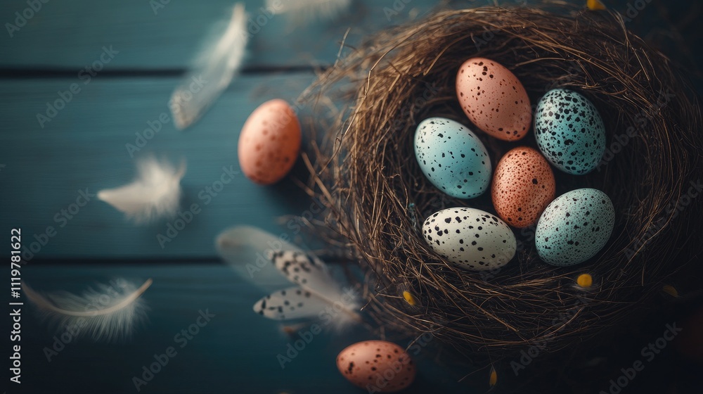 Poster easter themed quail eggs in a nest with feathers on a rustic wooden surface creating a soft focus am