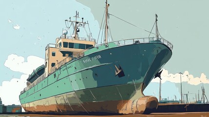 Naklejka premium merchant ship flat design front view import-export theme cartoon drawing colored pastel
