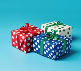 3 Christmas gifts, red, white, and blue with green polka dots, wrapped in wrapping paper on a blue background, in a clipart style