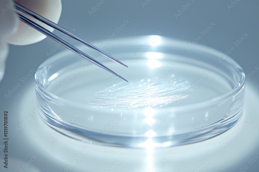 Poster close-up view of a scientist using tweezers to manipulate a fiber in a petri dish under laboratory l