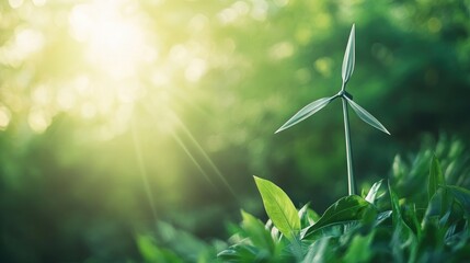 Sustainable energy concept with wind turbine model on green backdrop symbolizing environmental responsibility and renewable technology innovation