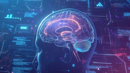 A vibrant digital brain surrounded by swirling circuit patterns and data streams, representing the advanced technology behind artificial intelligence. 