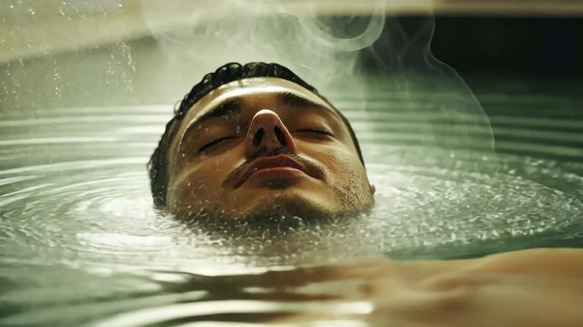 Relaxed man floating in tranquil spa pool with steam rising for water wellness concept