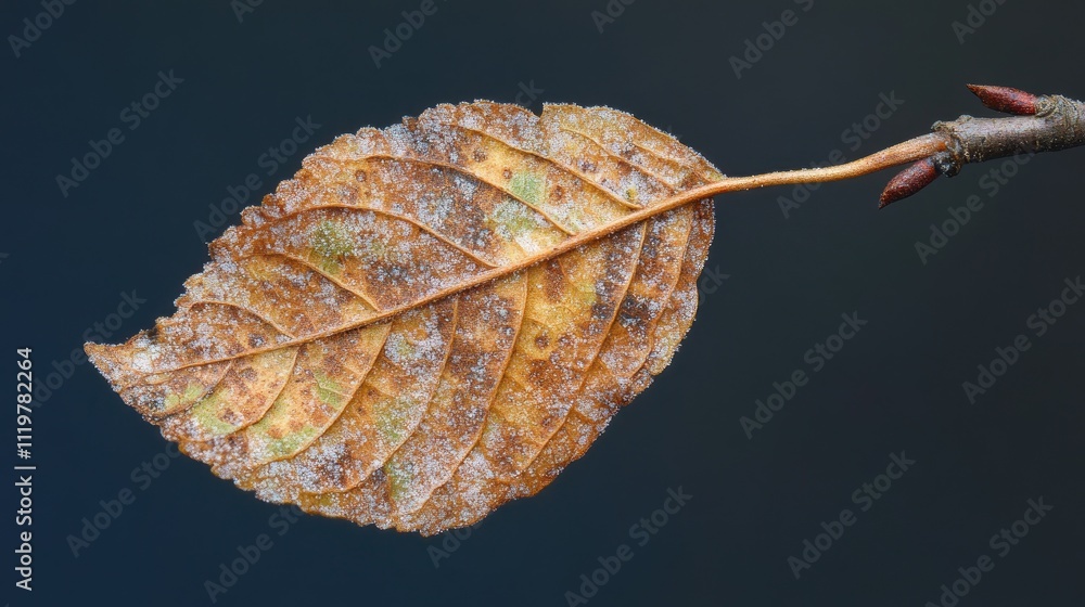 Poster close up of a dry leaf on a tree branch showcasing winter frost with a blurred background highlighti