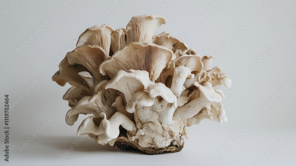 Poster elingi mushroom composition on a minimalist white background showcasing its unique textures and shap