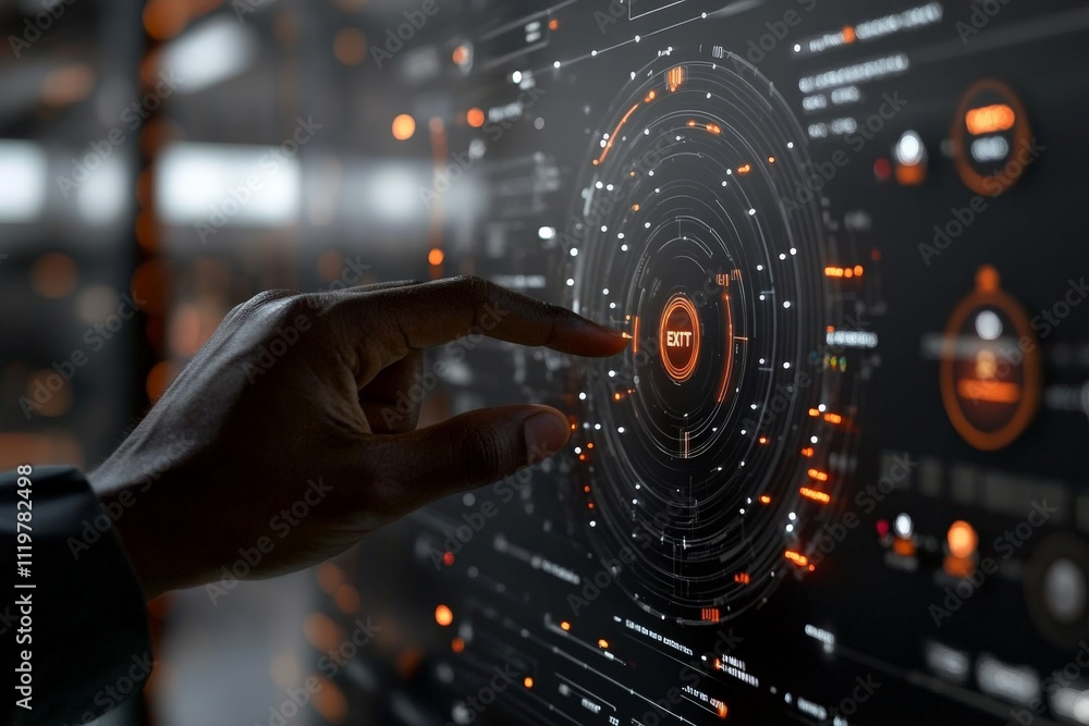 Poster user interacts with a futuristic touchscreen interface in a modern control room during daylight hour